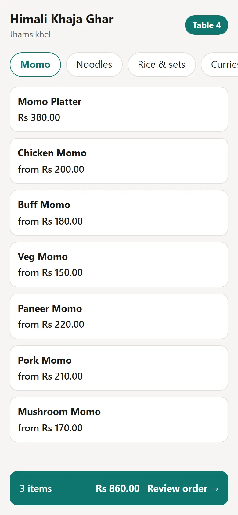 A guest's phone at Table 4: the momo menu, and an order of three items for Rs 860 ready to review and send